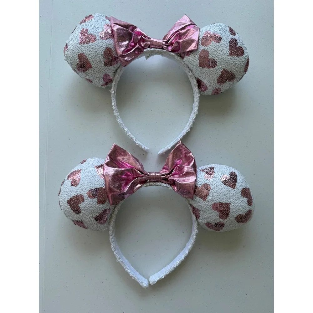 Disney Park Minnie Mouse Ears Lot of 2 White Sequin Pink Heart Headband with Bow